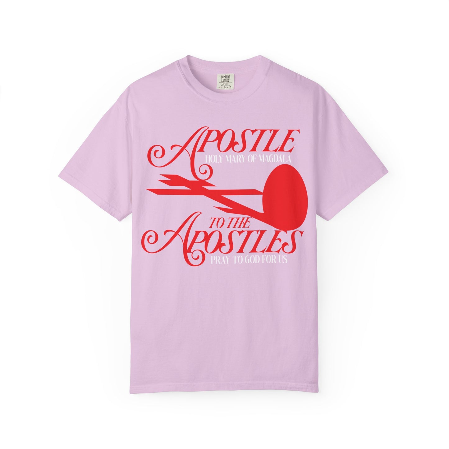 Orchid unisex heavyweight cotton tee featuring red cross and red egg graphics with the text “Apostle to the Apostles, Pray to God for Us,” inspired by Saint Mary Magdalene at the Burial of the Lord.