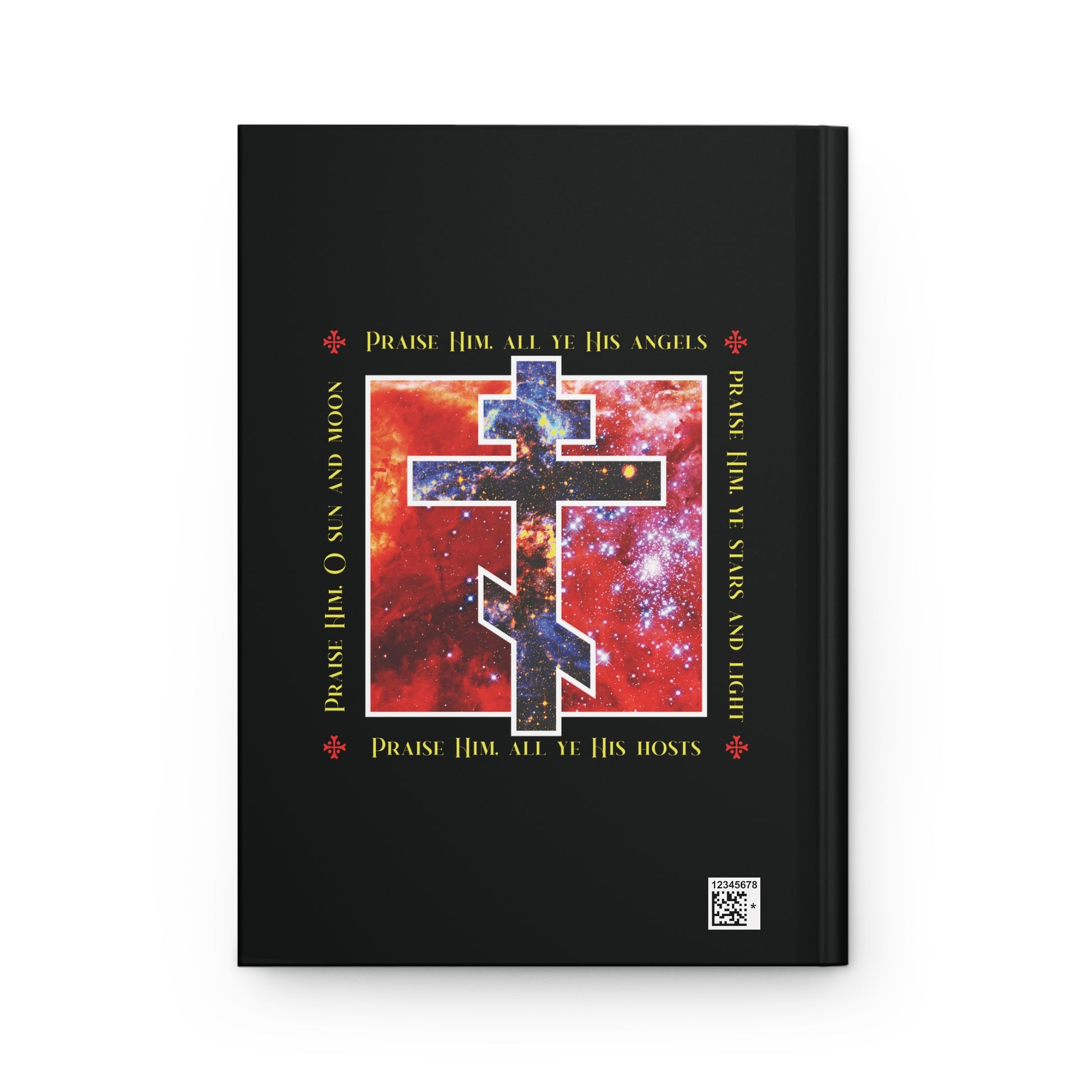 The "Praise Him All Ye His Angels, Praise Him Ye Stars and Light" journal features a cosmic Orthodox cross—ideal for recording prayers and reflections inspired by the Divine Council under celestial light.