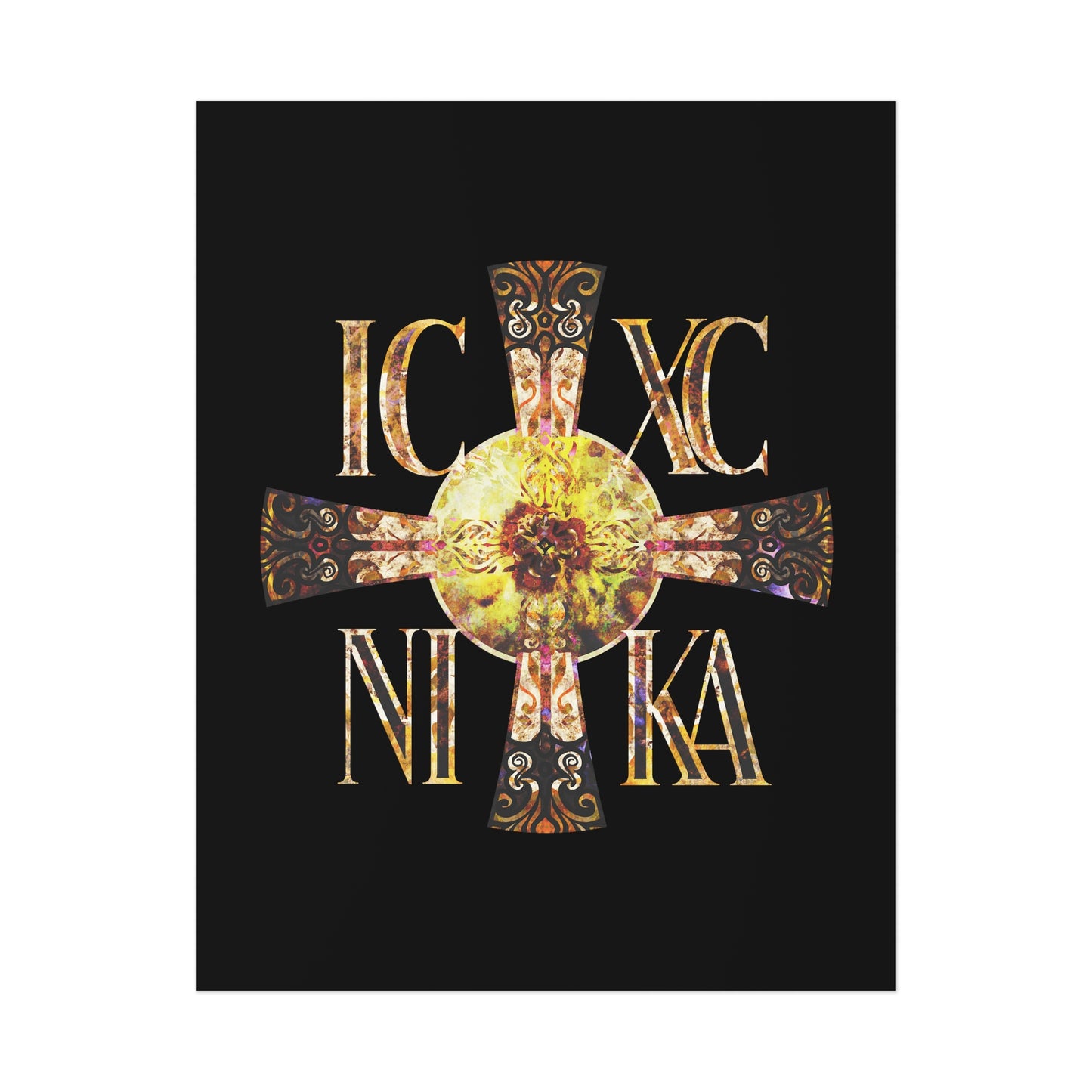 ICXC NIKA Celtic Style Equal Armed Cross | Bright Solar Texture | Orthodox Christian Art Poster