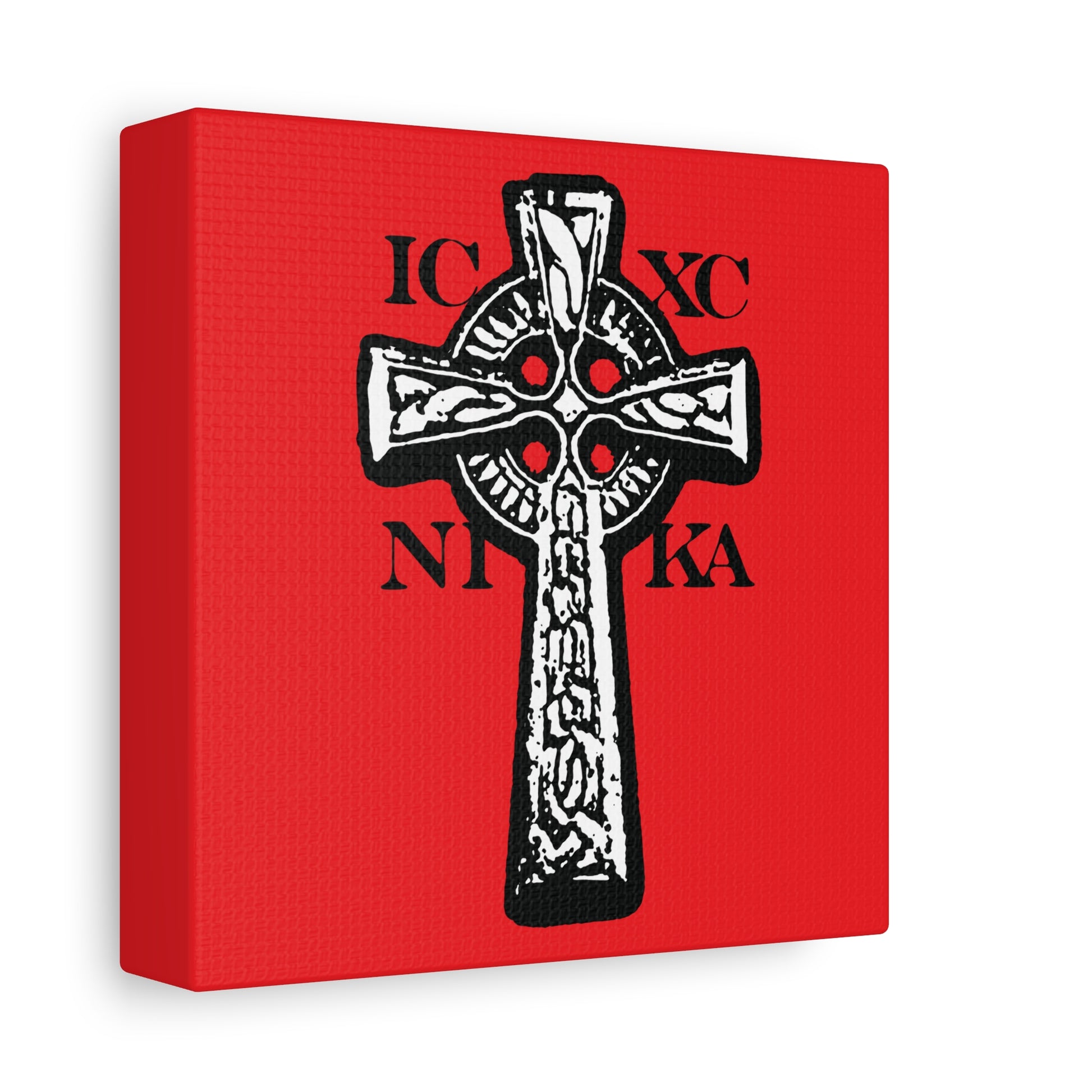 The ICXC NIKA Celtic Knotwork Cross features black and white detail on a vivid red background, symbolizing "Jesus Christ Conquers." This traditional Orthodox Christian wall art makes a bold statement of faith.
