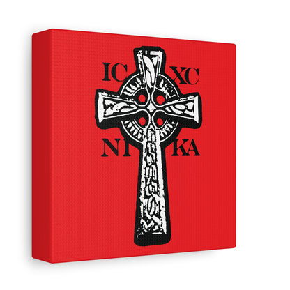 The ICXC NIKA Celtic Knotwork Cross features black and white detail on a vivid red background, symbolizing "Jesus Christ Conquers." This traditional Orthodox Christian wall art makes a bold statement of faith.