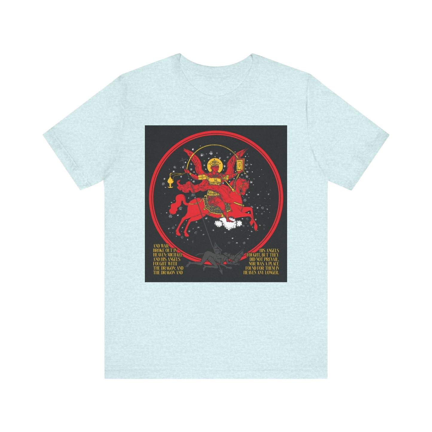 Heather Prism Ice Blue unisex t-shirt featuring a vibrant, medieval iconographic image of Archangel Michael as a warrior on a red horse, inspired by Revelation 12:7-9. Double-sided design. "Death is Swallowed Up In Victory.
