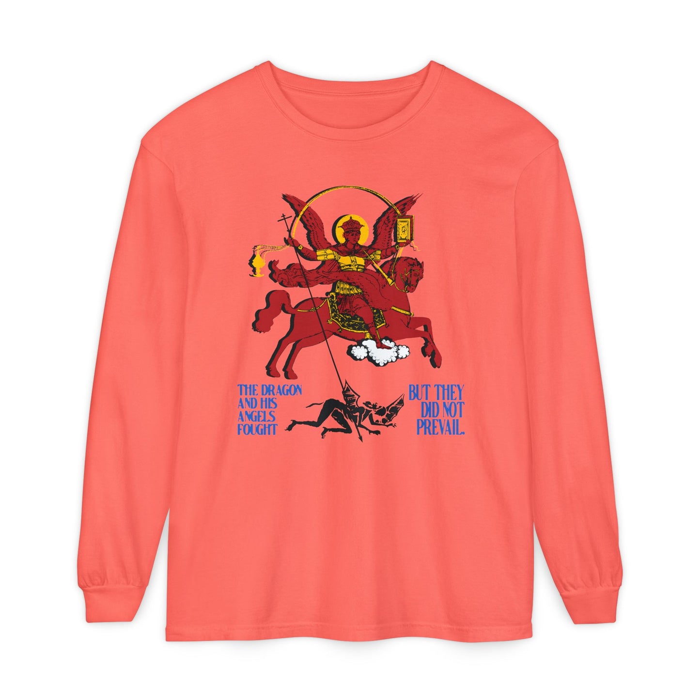 Apocalyptic St Michael Icono-Graphic (Rev 12:7-8) | Red Angel & Horse | Blue Lettering | Orthodox Christian Cotton Long Sleeve Shirt