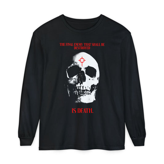 The Final Enemy That Shall Be Destroyed (1 Cor 15:26) | Skull in Crosshairs | Gothic Style Orthodox Christian Long Sleeve Shirt