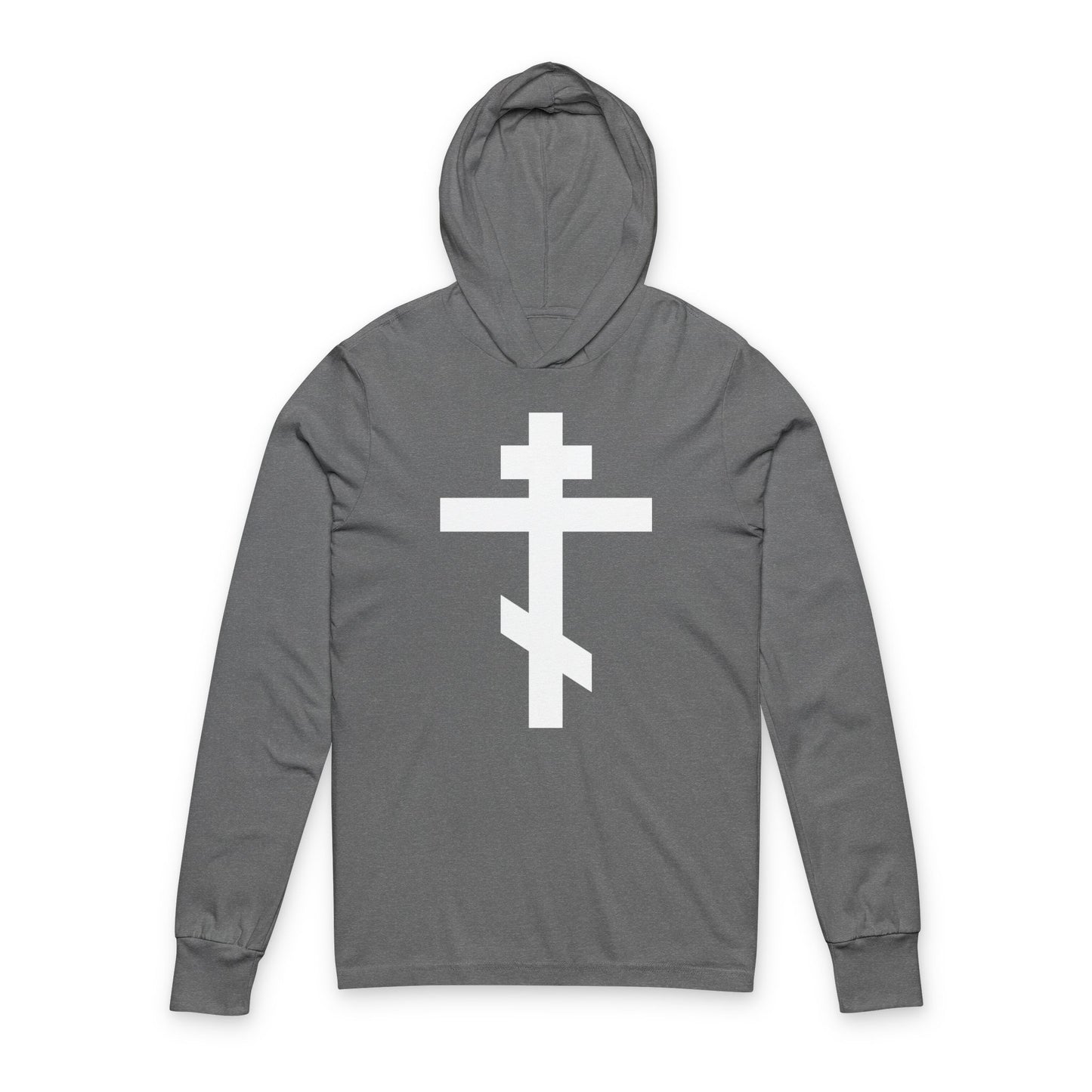 Grey TriBlend hoodie featuring a large white Orthodox cross and the quote, "May I never boast, except in the cross of our Lord Jesus Christ" (Gal 6:14), inspired by St. John of Kronstadt.