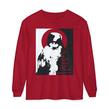 The Remembrance of Death "It's Later Than You Think" long sleeve features a black and white image of Fr. Seraphim Rose with a red halo and text, inspired by Modern Orthodox saints and Memento Mori themes.