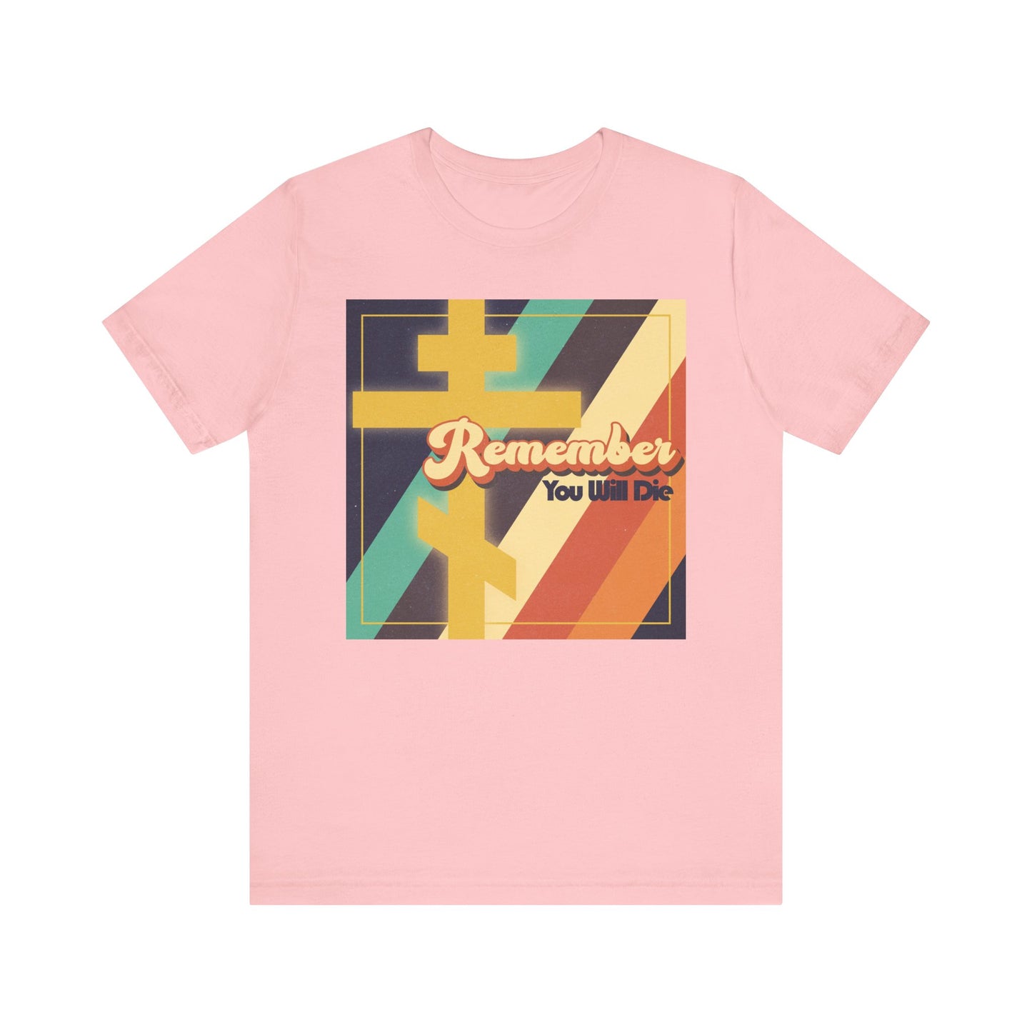 Experience striking retro style with the “Remember You Will Die” pink unisex tee—a lightweight cotton shirt featuring colorful 70s-inspired typography in yellow, orange, and red, accented with an Orthodox cross. This Christian design weaves themes from the parable of the prodigal into bold modern fashion.