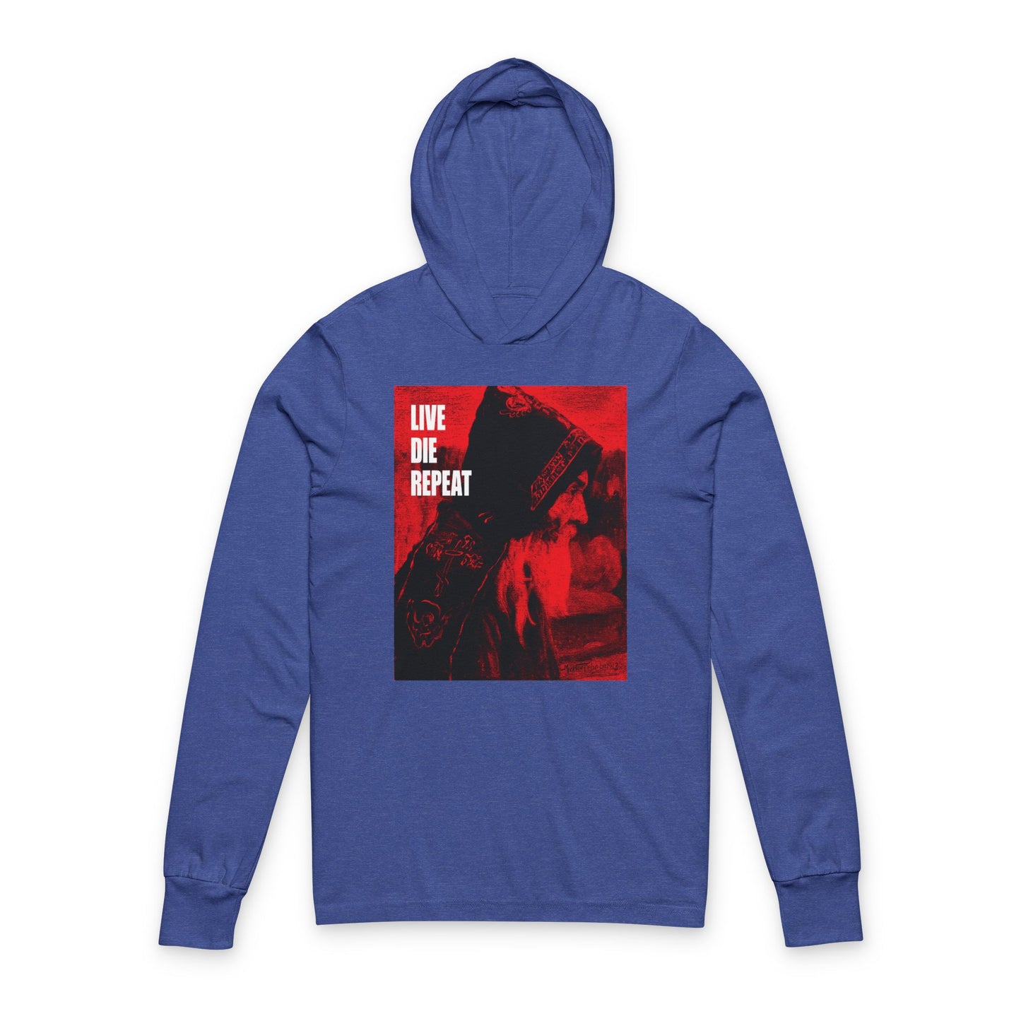 Heather True Royal hooded cotton shirt featuring "Monk" by Mikhail Nesterov, with "Live Die Repeat", "Die Every Day, and You Will Live Forever", and ascetic Christian themes printed on the front.