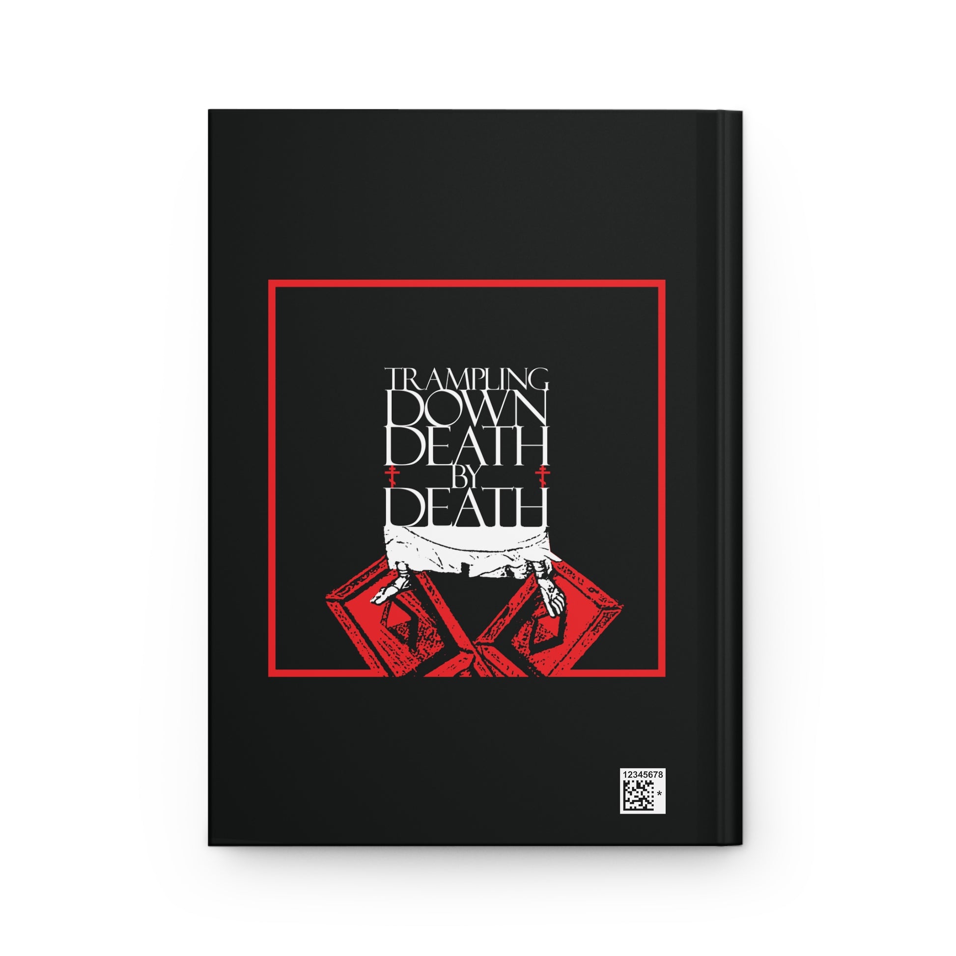 Black journal cover with red geometric design and white text: Trampling Down Death By Death—featuring iconographic Jesus feet on the Gates of Hades, inspired by Orthodox Christian Pascha and resurrection themes.