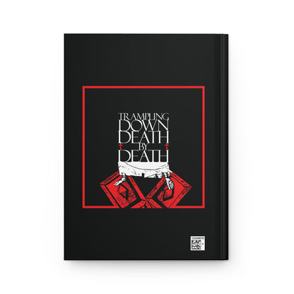Black journal cover with red geometric design and white text: Trampling Down Death By Death—featuring iconographic Jesus feet on the Gates of Hades, inspired by Orthodox Christian Pascha and resurrection themes.