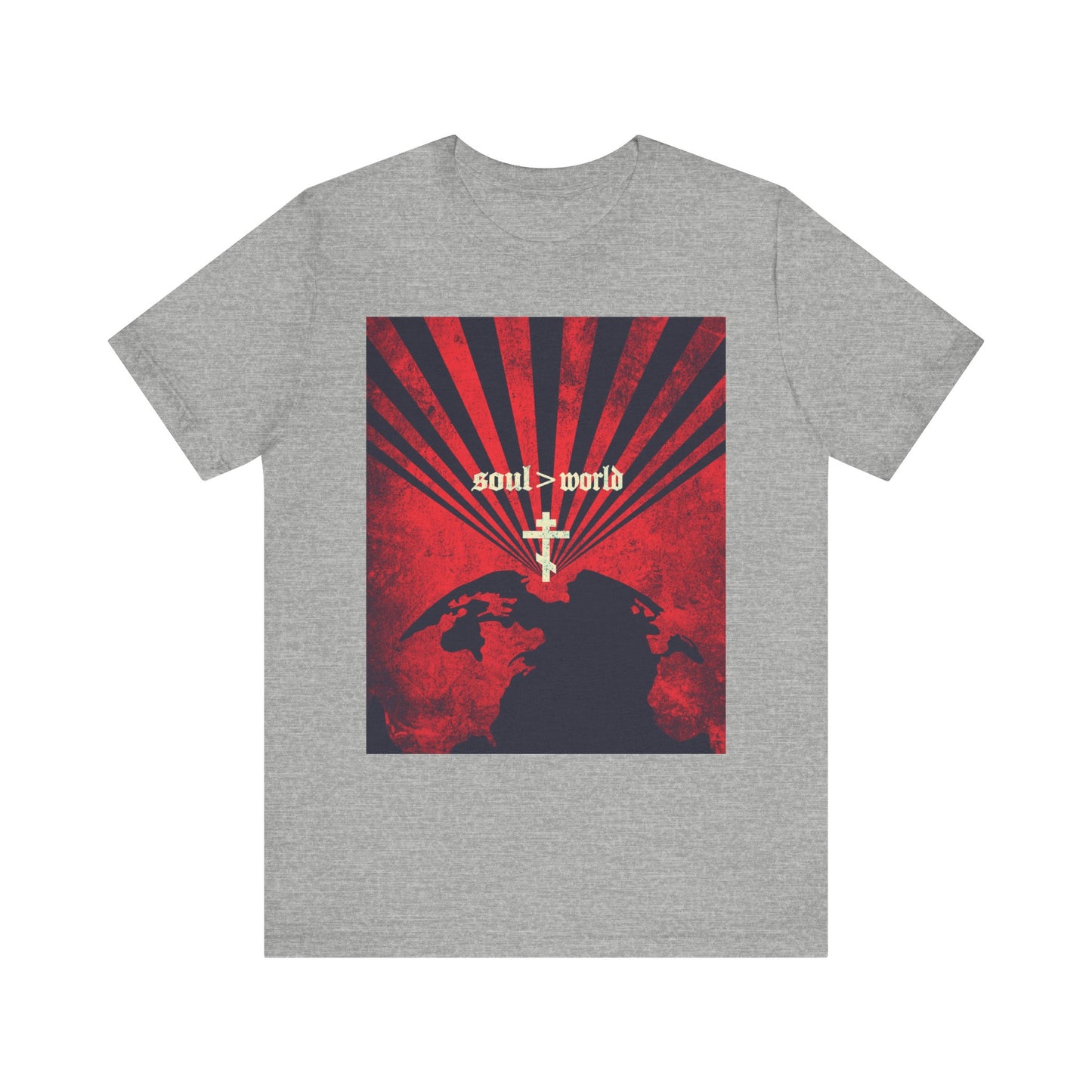Athletic Heather "What Shall it Profit a Man" unisex tee, featuring a red earth design with white cross and the phrase "soul > world," inspired by Matthew 16:26, serves as a reminder from Jesus’ teachings to value the soul above worldly gains and to take up His cross.