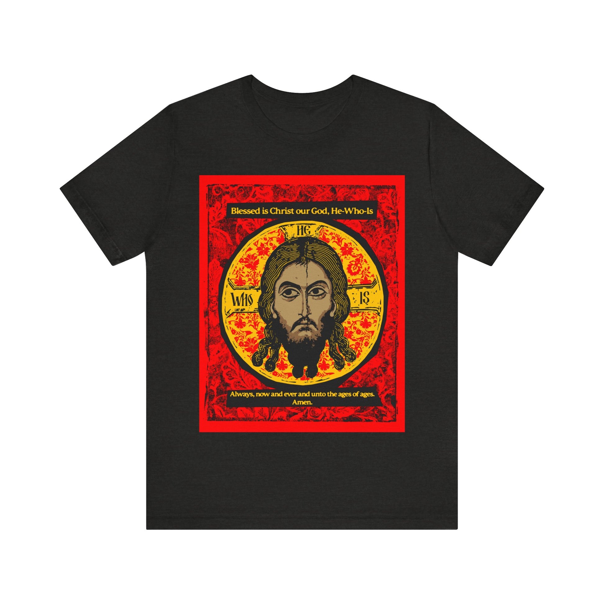 The Made Without Hands Orthodox T-shirt features a graphic of Christ's face with a golden halo on red, inspired by the Mandylion. "Blessed is Christ our God, He-Who-Is" and more text appear above and below the icon.