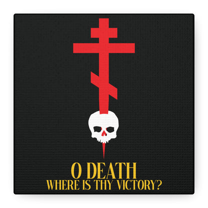 O Death Where is Thy Victory? (1 Corinthians 15:55) | Cross Stabbing Skull | Yellow Text | Orthodox Christian Canvas Art