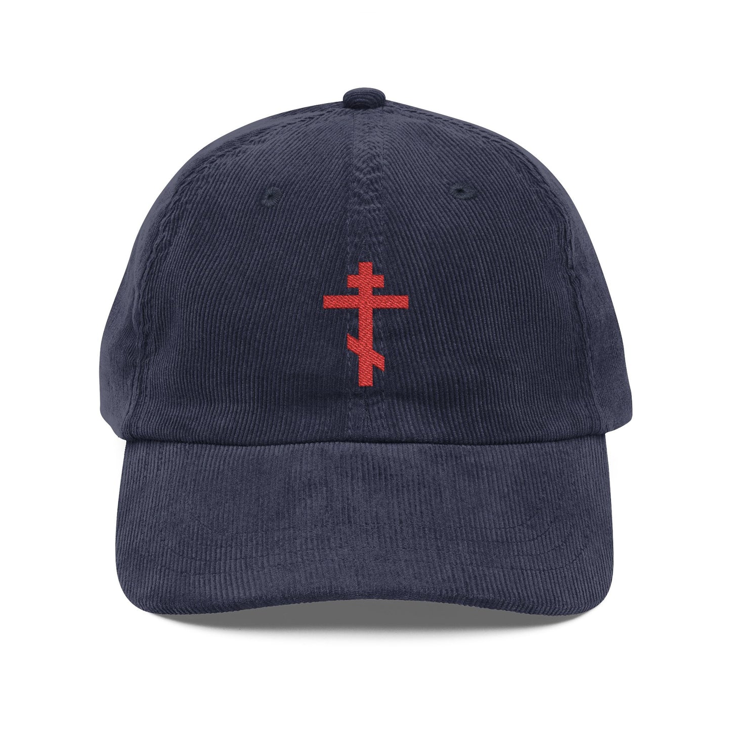 Simple Red Orthodox TriBar Cross | Weapon of Unseen Warfare Which Makes Demons Tremble | Orthodox Christian Embroidered Cotton Corduroy Cap