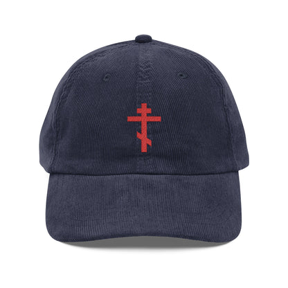 Simple Red Orthodox TriBar Cross | Weapon of Unseen Warfare Which Makes Demons Tremble | Orthodox Christian Embroidered Cotton Corduroy Cap