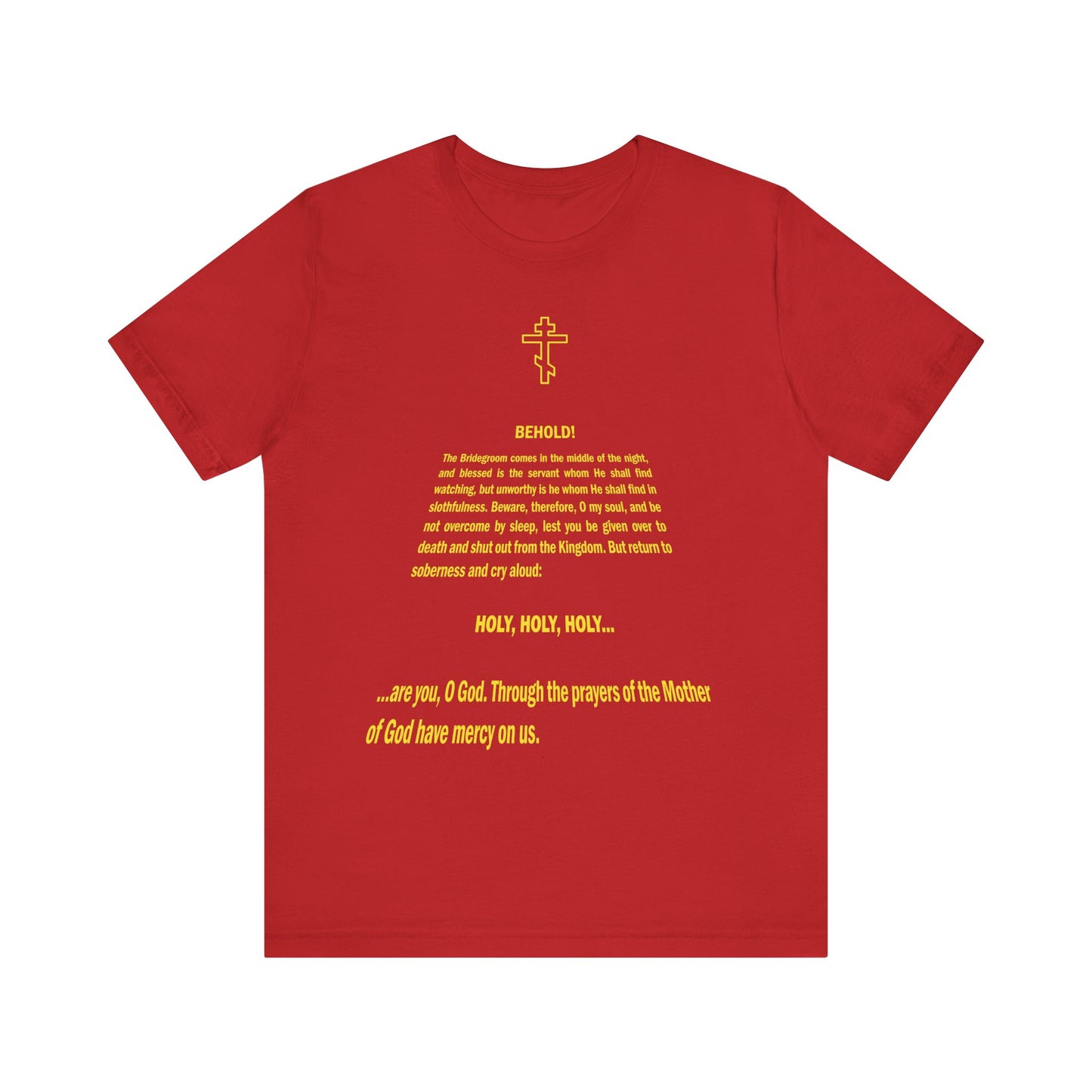 Red "Behold the Bridegroom" Orthodox Christian lightweight cotton unisex tee features a St@r W@rs title crawl design—perfect for honoring Orthodox Church traditions, especially during Holy Week.