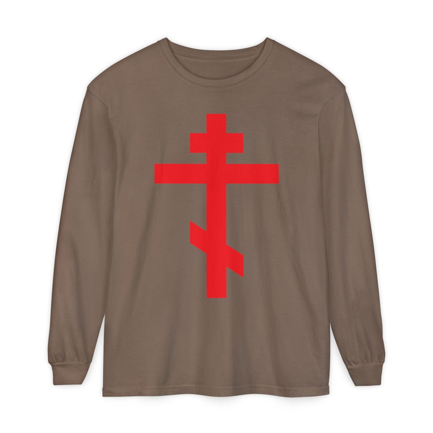 Espresso long sleeve cotton shirt featuring a bright red Orthodox Cross and the message "Preserve Thy People By Thy Cross, O Lord." Inspired by the Troparion of the Cross and "Crucified With Christ | Christ is King.