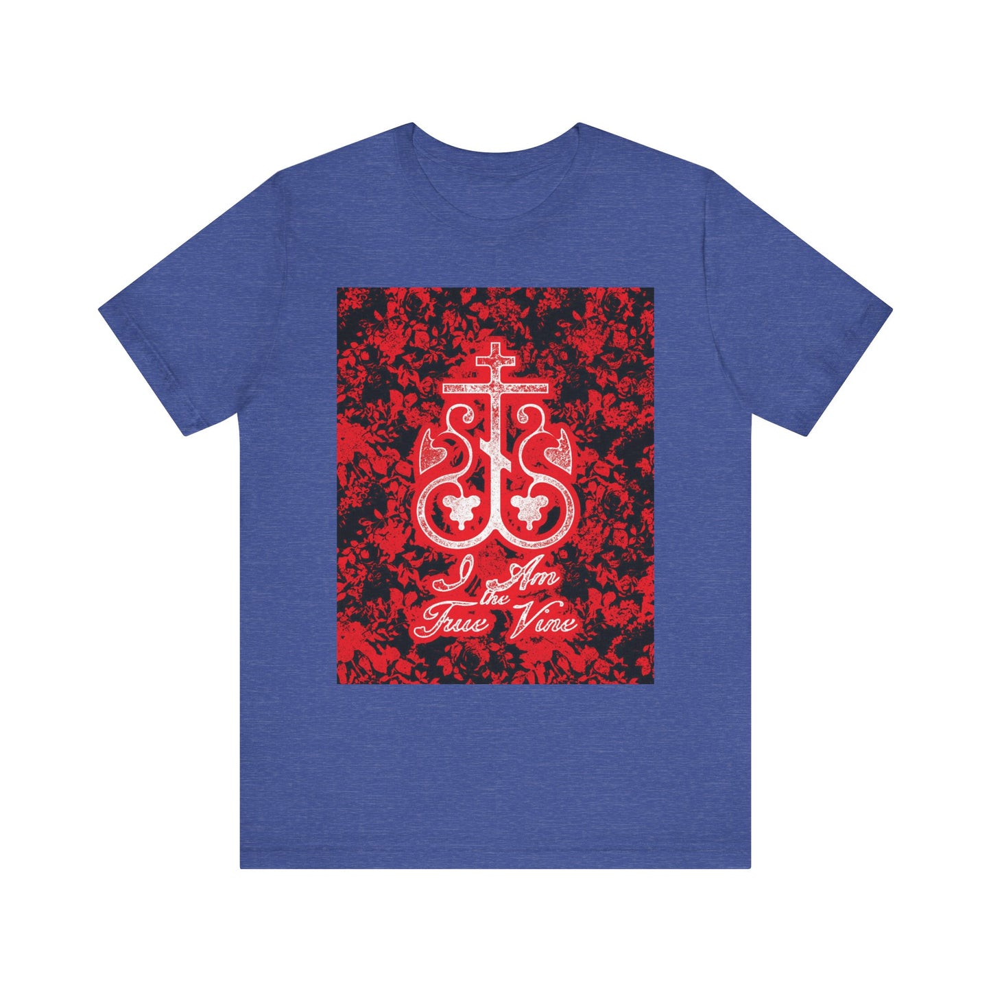 Heather True Royal unisex tee featuring a red and black floral Orthodox cross monogram and “I Am the True Vine” text, inspired by John 15:1’s message to bear fruit. Lightweight cotton.