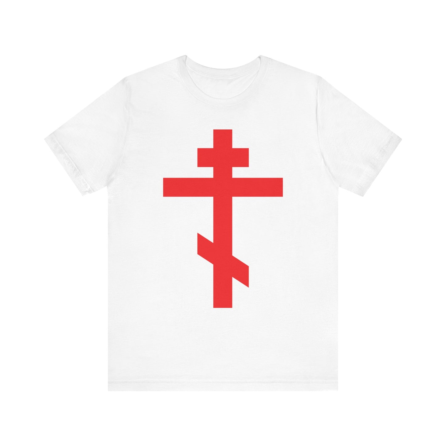 White lightweight cotton unisex T-shirt featuring a bright red Orthodox Cross and "Preserve Thy People By Thy Cross, O Lord"—inspired by the Troparion. Christ is King; Crucified With Christ.