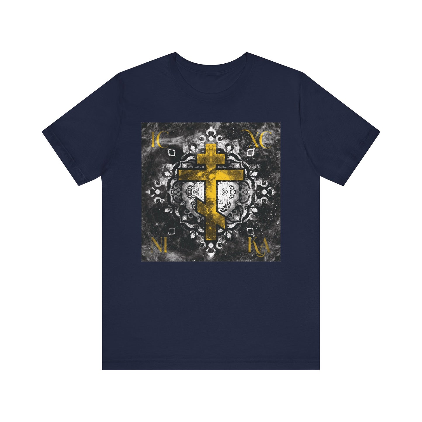 Gold ICXC NIKA Orthodox Cross on a grayscale ornate floral texture background—an Orthodox Christian lightweight cotton unisex tee that pays subtle tribute to Christ God and the solemn themes of Jesus’ passion.