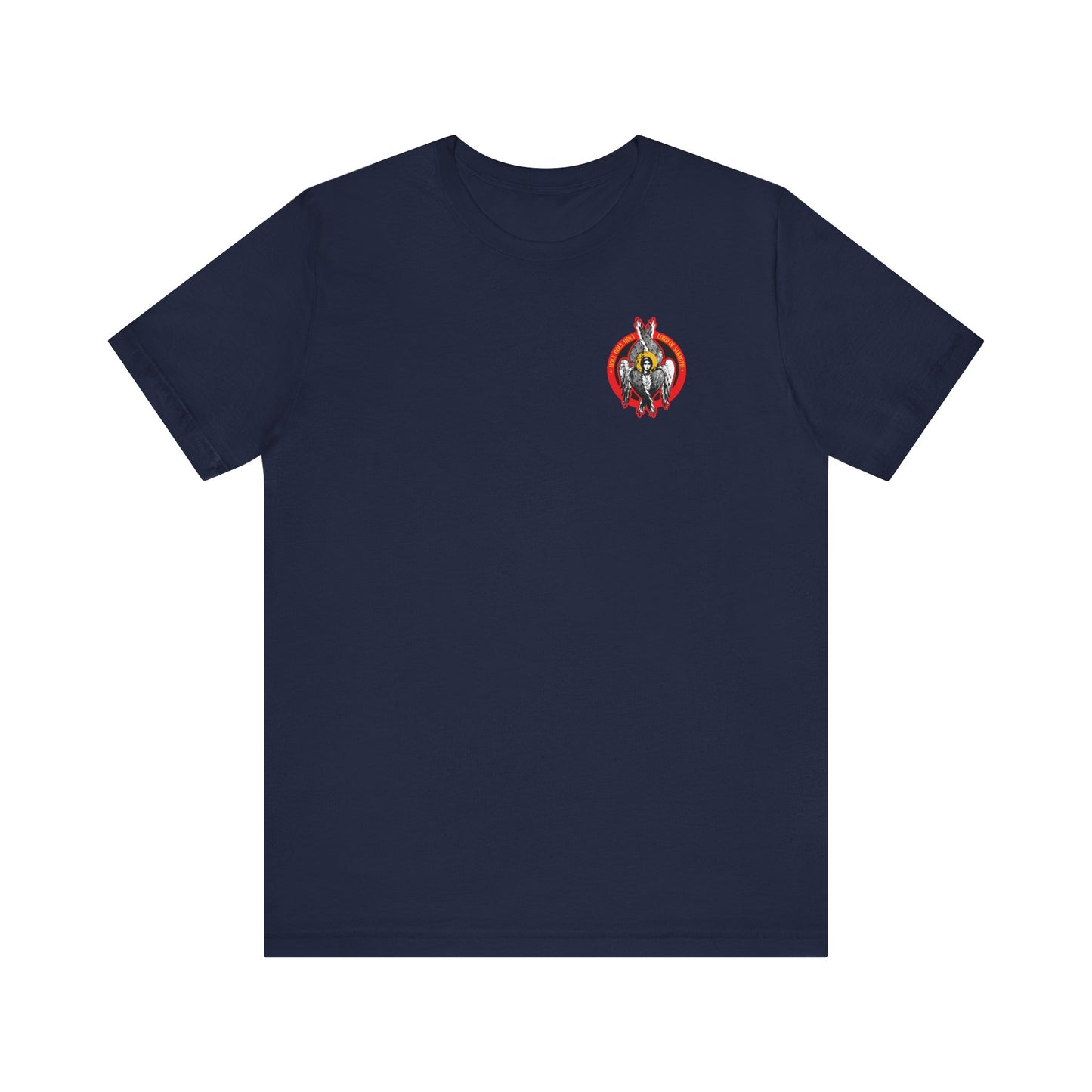 Navy Holy Holy Holy Seraphim Angel Icono-Graphic T-shirt featuring a small, colorful embroidered crest of St John of Kronstadt with angels on the left chest; lightweight cotton unisex design.