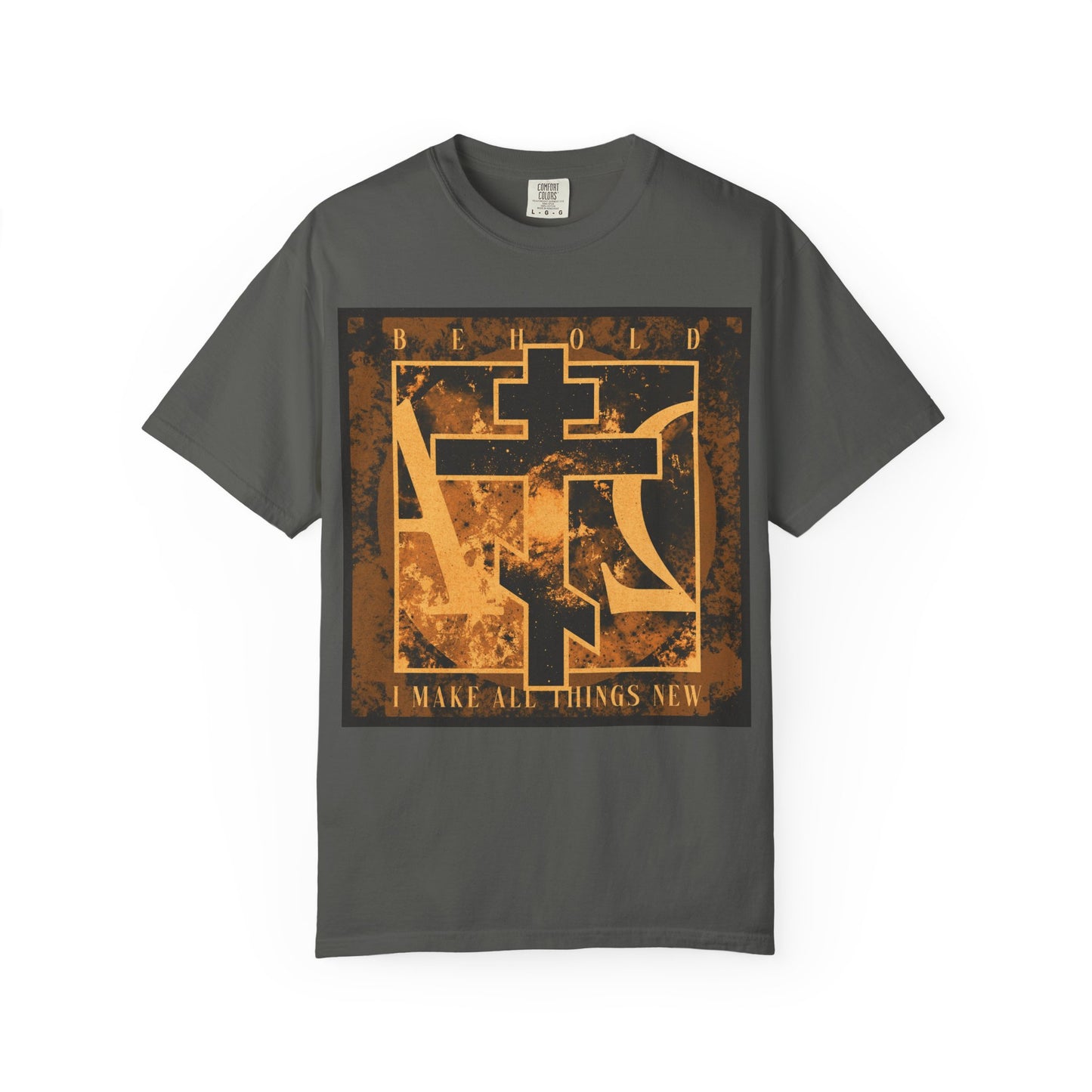 Pepper-colored heavyweight cotton unisex t-shirt featuring a brown and orange Orthodox cross with Alpha & Omega background, and the text: "BEHOLD I MAKE ALL THINGS NEW," inspired by Revelation 21:5 and the promise of a new heaven and new earth.