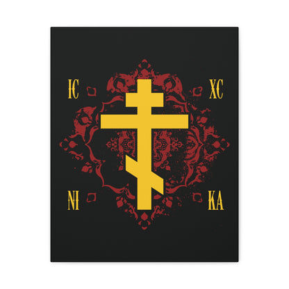 ICXC NIKA Yellow Russian Cross on ornate red background design, symbolizing Jesus Christ conquers—Orthodox Christian canvas art reflecting the faith of St Kosmas Aitolos.