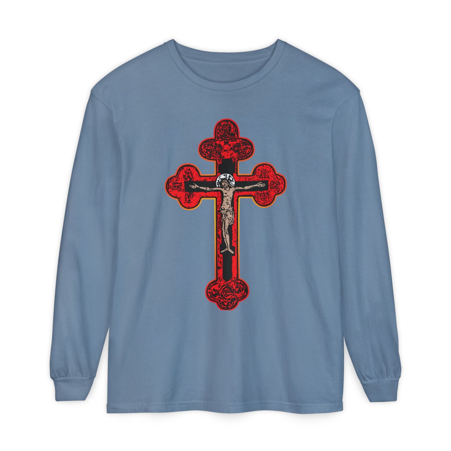 Blue Jean long-sleeve cotton shirt featuring a large red Orthodox Christian crucifix and Byzantine Golgotha Cross graphic on the front, with Alpha & Omega and "I Am Crucified With Christ" design elements.