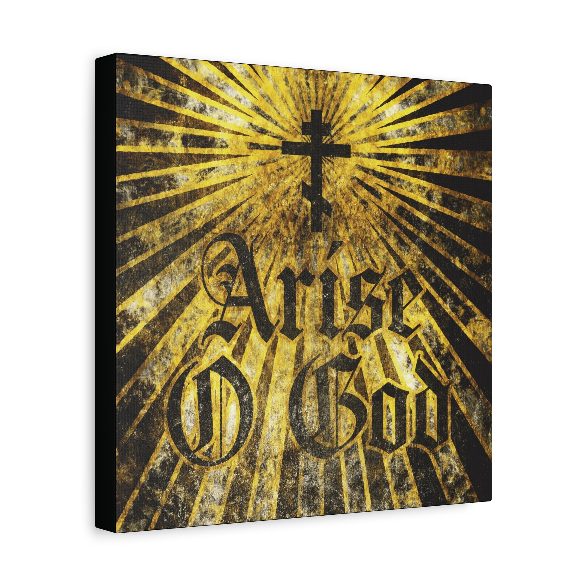 A textured wall art featuring an Orthodox cross with golden rays and "Arise O God" in a gothic font, inspired by Psalm 82’s divine council theme—perfect for Orthodox Christian décor.
