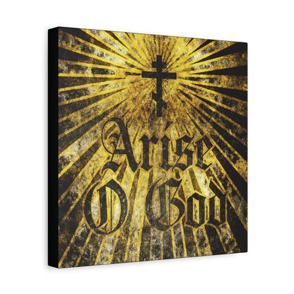 A textured wall art featuring an Orthodox cross with golden rays and "Arise O God" in a gothic font, inspired by Psalm 82’s divine council theme—perfect for Orthodox Christian décor.