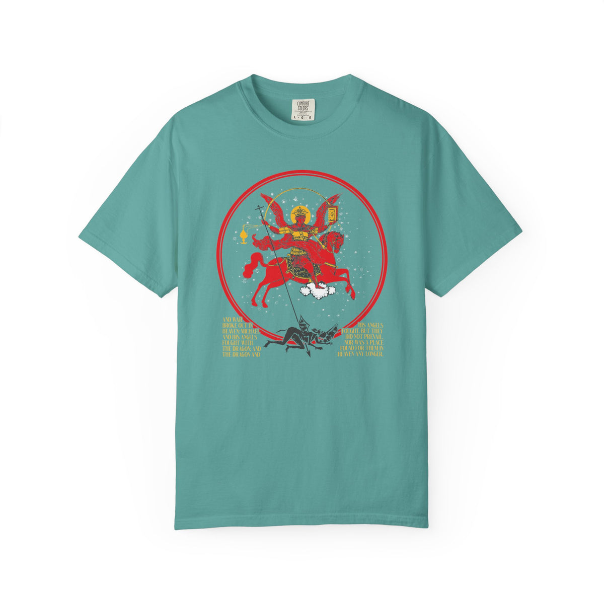 Seafoam heavyweight cotton unisex tee featuring a colorful graphic of Archangel Michael of the Apocalypse on horseback slaying a dragon inside a red circle, inspired by the Miracle of Archangel Michael and themes from Revelation 12; DOUBLE-SIDED iconographic design titled “Death is Swallowed Up In Victory.”.