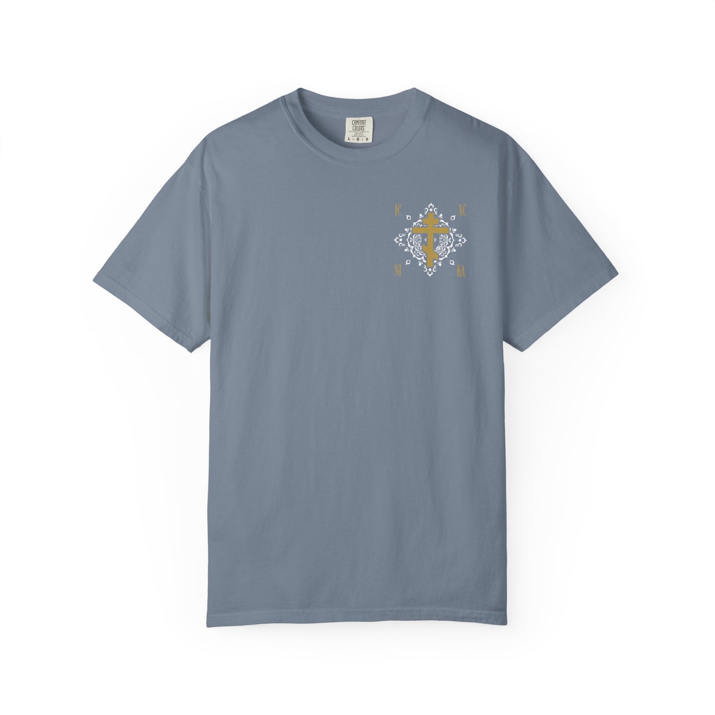 Blue Jean heavyweight cotton unisex t-shirt featuring a small gold Orthodox Cross ICXC NIKA and ornate white medieval floral design on the upper left chest.