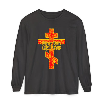 Black long-sleeve shirt featuring a gold and red floral Orthodox cross with gothic "Every Knee Shall Bow" lettering, inspired by Isaiah 45:22-24 and Philippians 2:7-11—celebrating salvation through Jesus Christ.