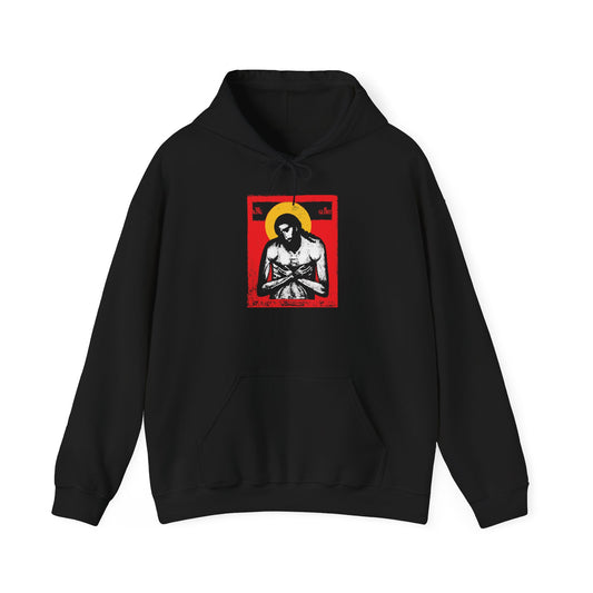 Black hoodie titled “The King of Glory Jesus Christ ‘Extreme Humility’ IconoGraphic,” featuring stylized religious artwork with Jesus Christ depicted with a halo on a red, yellow, white, and black background on the chest; inspired by Isaiah 53.