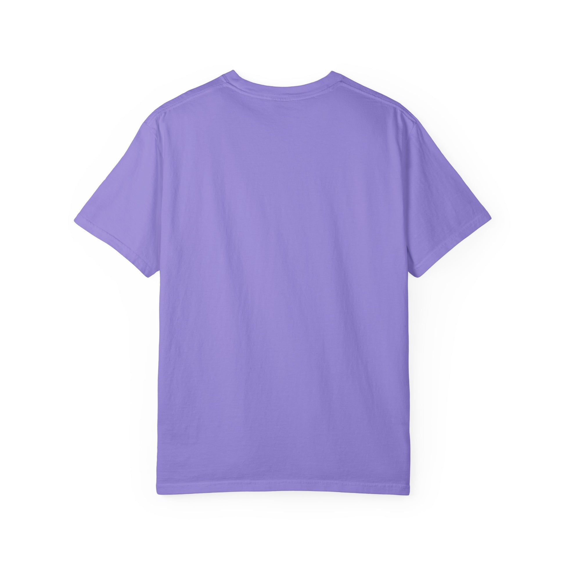 Back view of the "Dead to this World" heavyweight cotton unisex t-shirt in lavender, featuring Christian goth flower cross & skull with 70s typography, on a white background; bestselling design inspired by blessed dispassion.