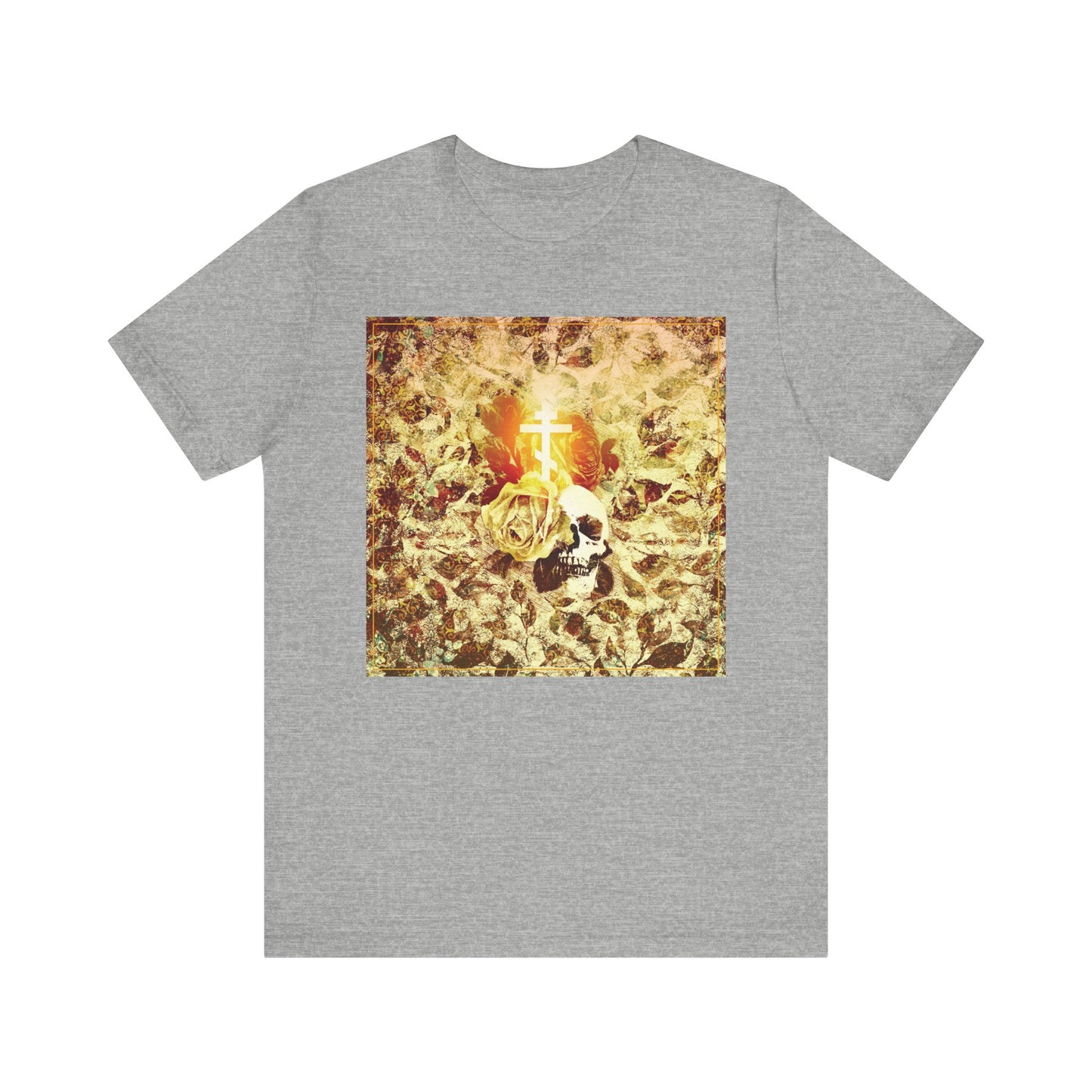 Athletic Heather unisex tee featuring a glowing Orthodox cross, golden rose, and skull on floral texture—gothic Christian design inspired by Ezekiel’s prophecy. Rose & Skull Glowing Orthodox Cross | Lightweight cotton.