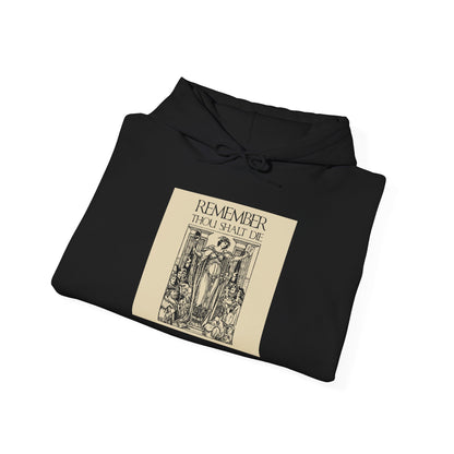 Black hoodie featuring the “Remember You Will Die” Shakespearean design, with a classic woodcut illustration in a Memento Mori aesthetic, inspired by Orthodox Christian themes.