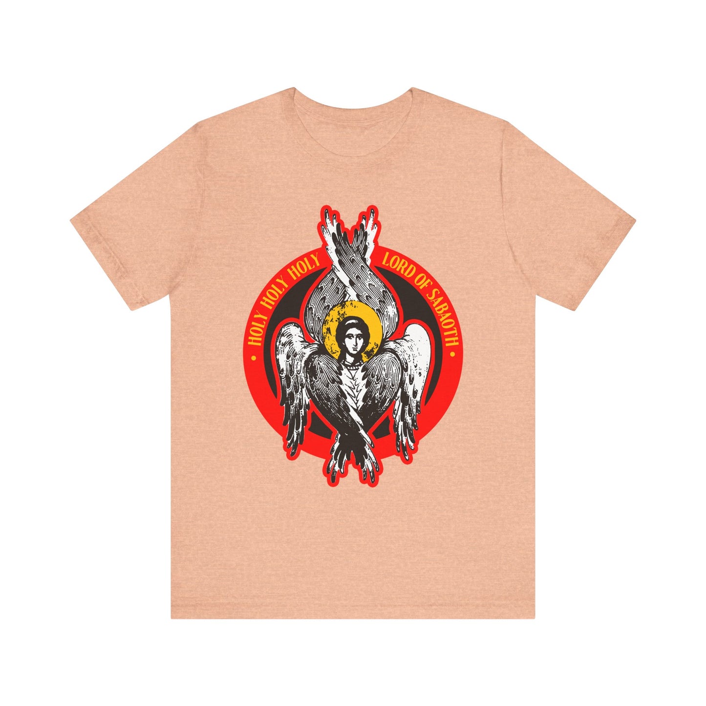 Heather Peach cotton unisex tee featuring a seraphim angel icon inspired by Isaiah 6, with red “Holy Holy Holy Lord of Sabaoth” text. From the Holy Holy Holy, Lord of Sabaoth | Seraphim Angel IconoGraphic collection.