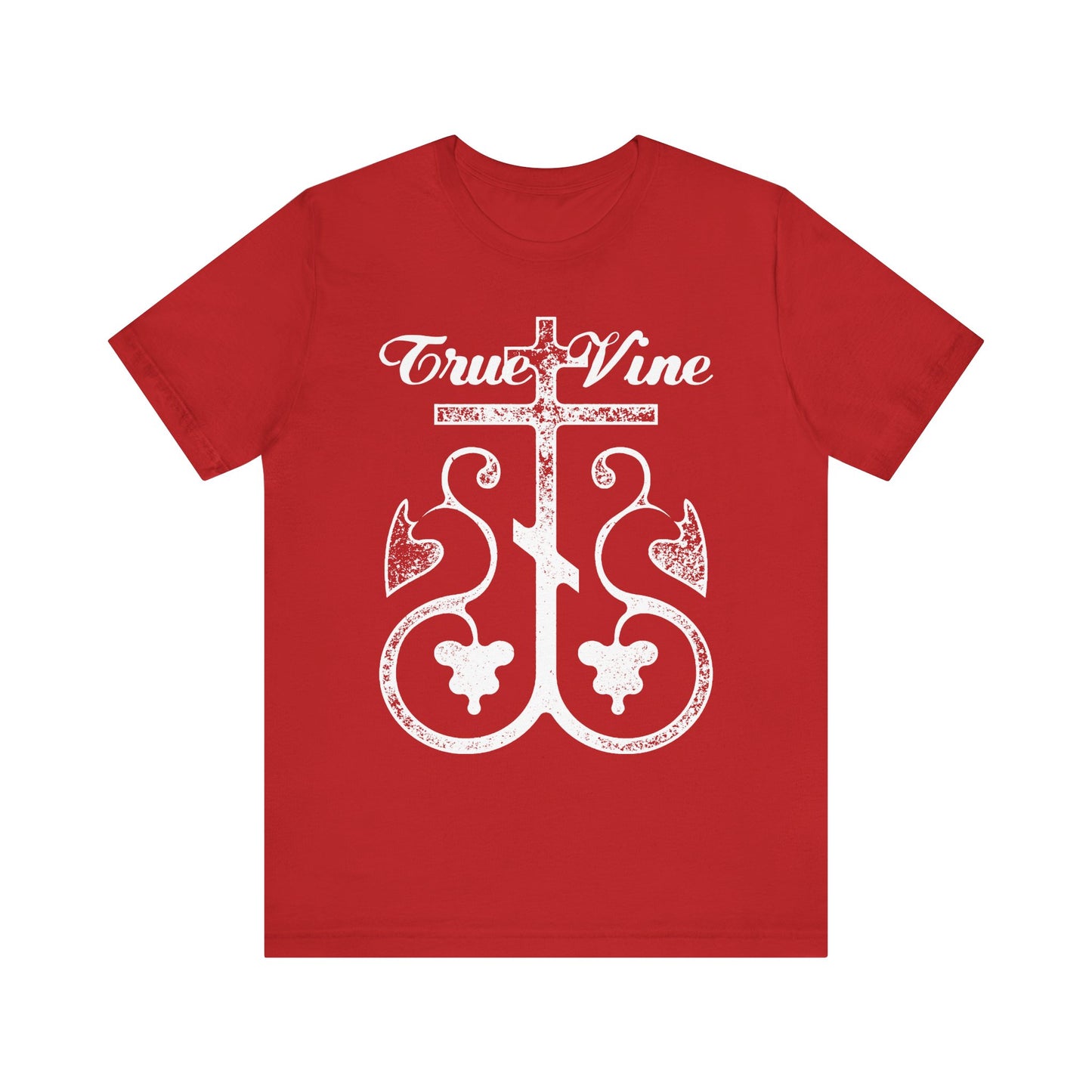 Red "I Am the True Vine (John 15, Ezekiel 15)" unisex t-shirt featuring a white Orthodox cross and grape vine in a photocopy effect, inspired by scripture. Lightweight cotton for comfort.