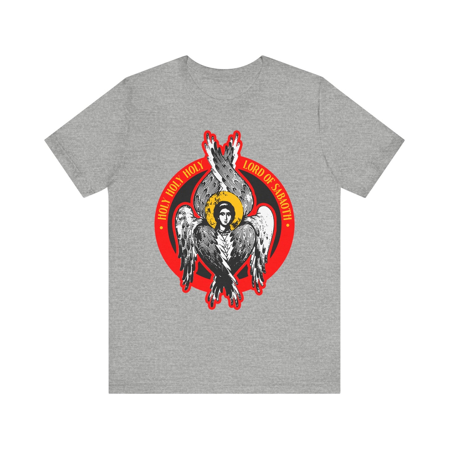 Athletic Heather unisex tee featuring a stylized seraphim angel graphic, red halo, and “Holy Holy Holy, Lord of Sabaoth” in yellow—an homage to Isaiah 6. Lightweight cotton.