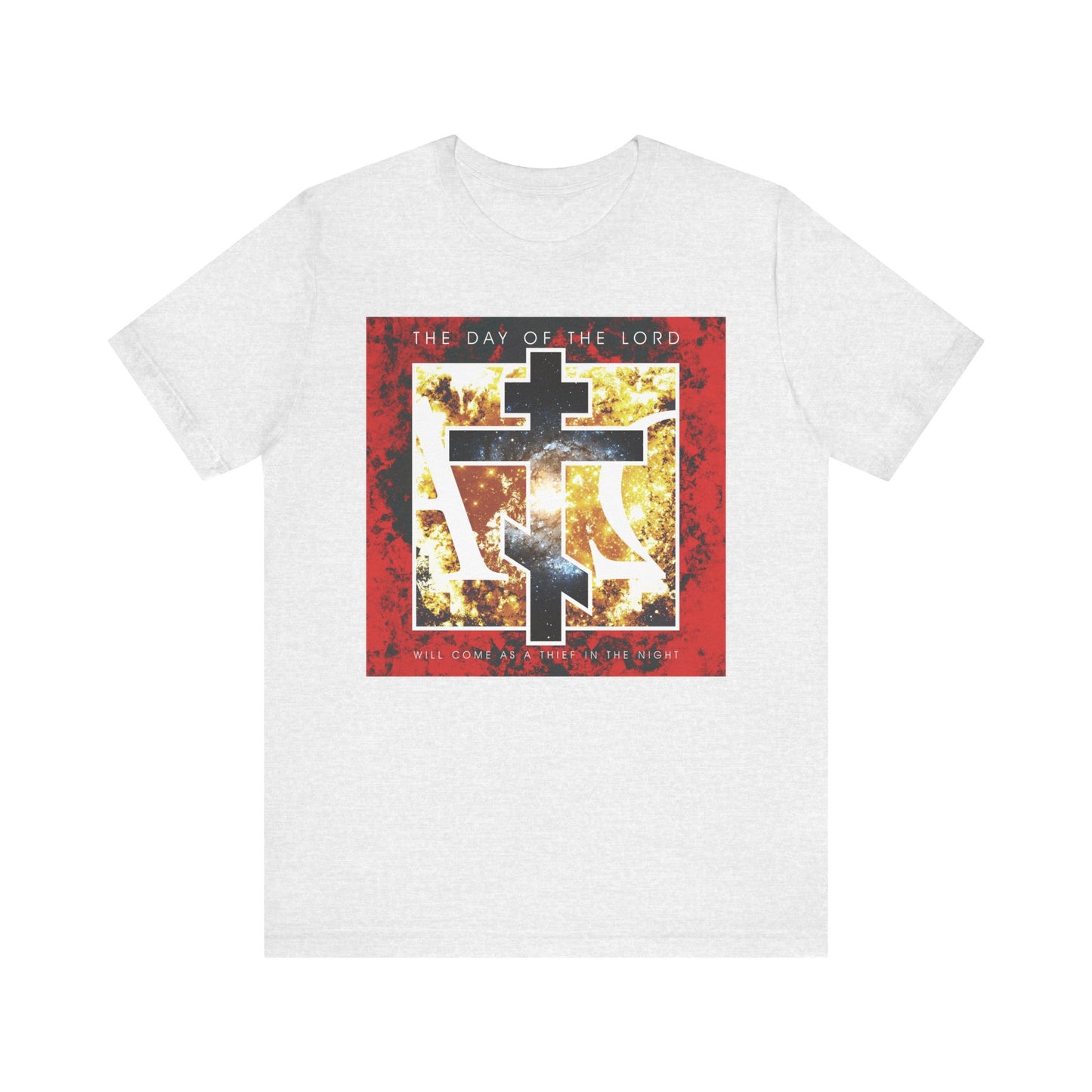 Ash unisex lightweight cotton tee featuring a cosmic Alpha & Omega cross design with abstract graphic and the text: The Day of the Lord Will Come as Thief in the Night—an inspiring statement piece referencing 1 Thessalonians, symbolizing the hope of salvation and children of light.