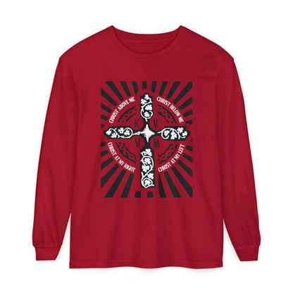 Red ICXC NIKA Enniskillen Celtic Cross | Lorica of St. Patrick | Shield Prayer | Orthodox Christian Long Sleeve Shirt