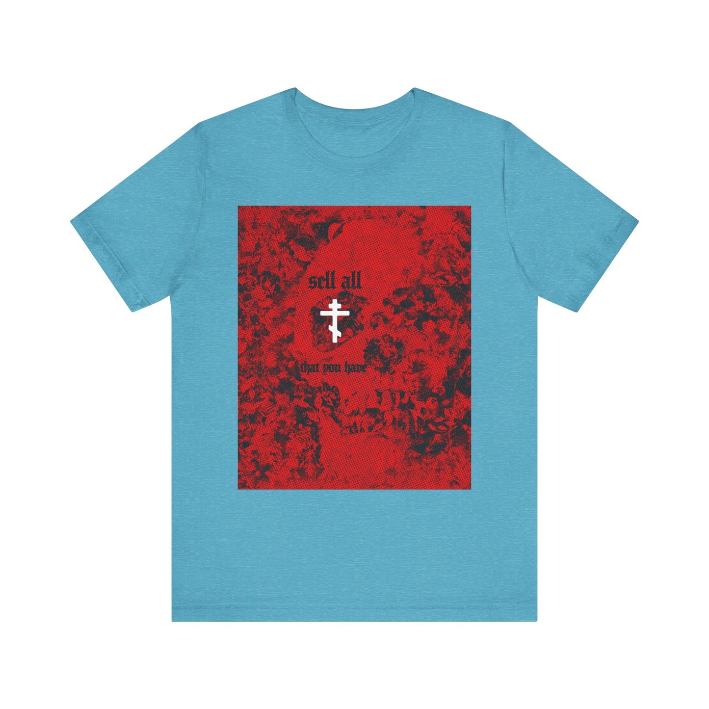 Heather aqua “Sell All That You Have (Matthew 19:21)” unisex lightweight cotton t-shirt, featuring a red halftone skull design and a white Orthodox cross, inspired by Jesus’ message about eternal life in Matthew 19:21.