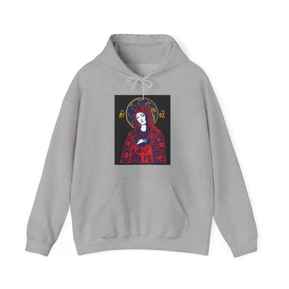Joy of All Joys Tenderness Theotokos Iconographic Based on Traditional Orthodox Iconography | Bright Red Design | Orthodox Christian Hoodie