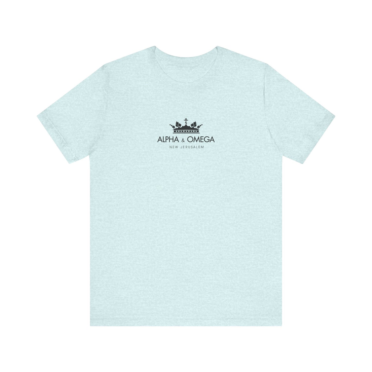 Heather Prism Ice Blue unisex cotton t-shirt featuring a black crown with Orthodox Cross and "Alpha & Omega New Jerusalem" text, inspired by Revelation and the Second Coming.