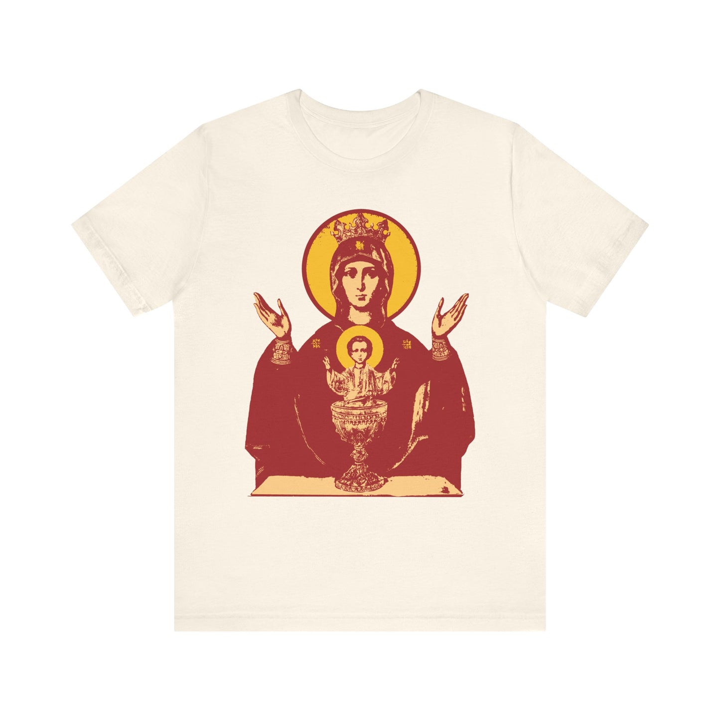 Natural lightweight cotton unisex T-shirt featuring a graphic of the Holy Theotokos IconoGraphic of the Inexhaustible Chalice, Deliverer from Addictions and Conqueror of Passions, in bold red and gold accents.