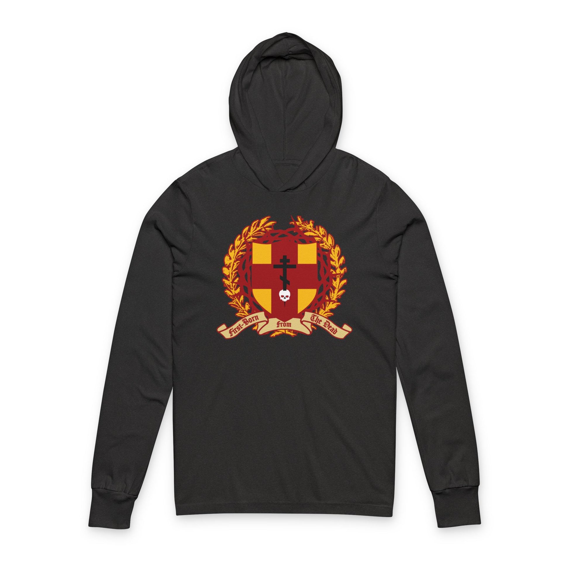 Charcoal black hoodie featuring "First-Born from the Dead (Col 1:18)" with an Orthodox cross stabbing a skull, shield design, victory wreath, and crown of thorns. Christian-themed cotton shirt inspired by redemption through His blood.