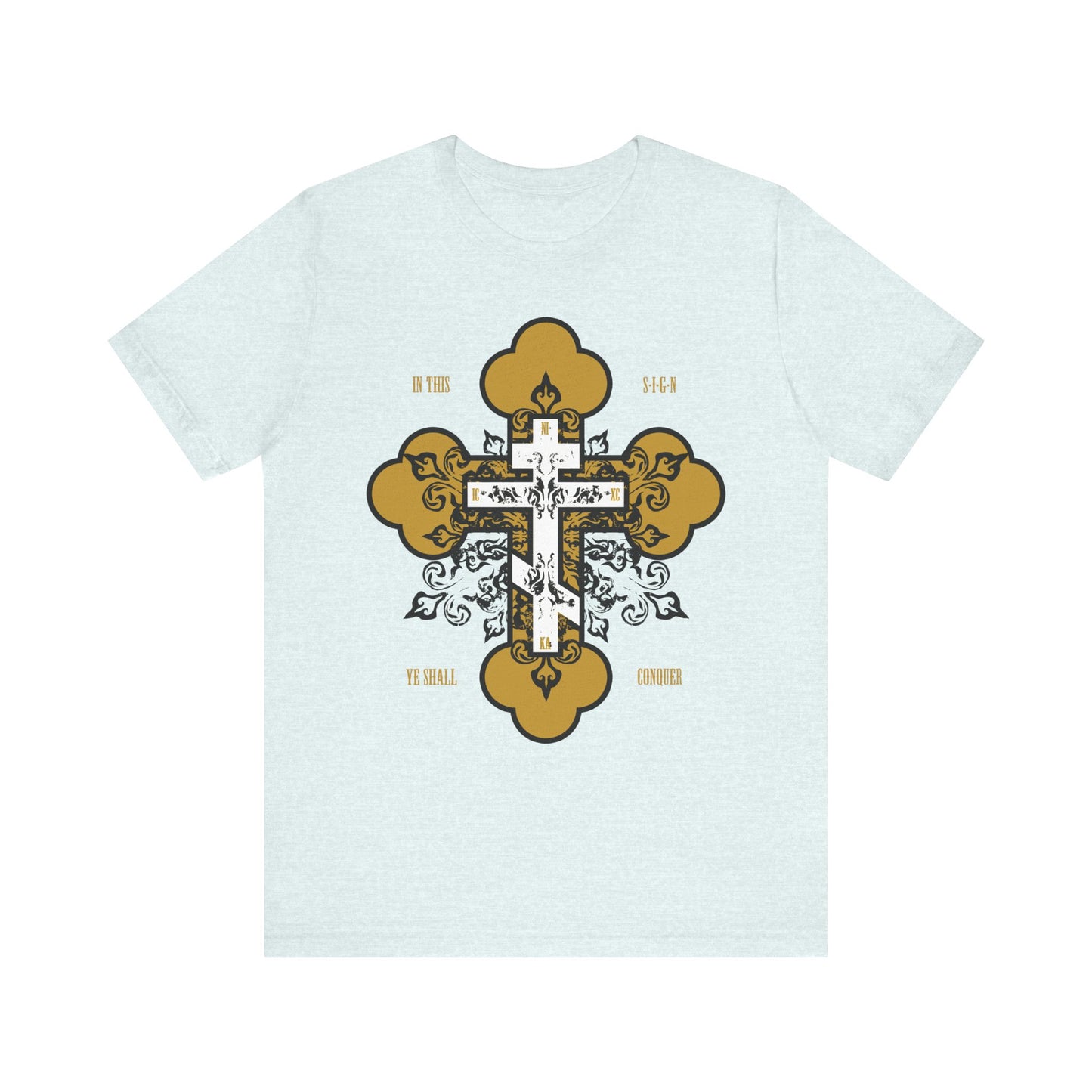 Heather Ice Blue lightweight cotton unisex tee featuring an ornate gold & white cross with "In Hoc Signo Vinces"—inspired by St Paisios the Athonite. Perfect for comfort in prayer and spiritual strength.