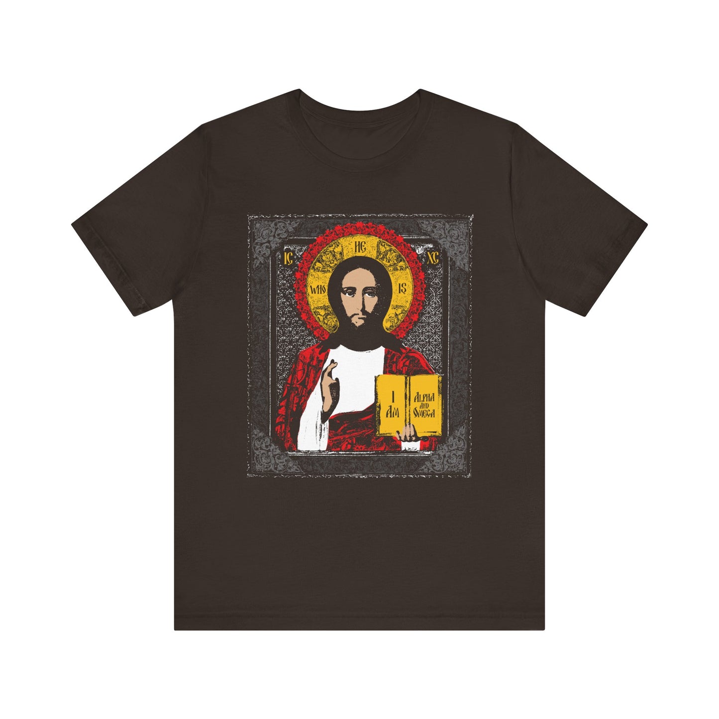 Brown tee with an icon-style illustration of Christ Pantocrator holding a book, featuring a red and gold halo. Inspired by "He-Who-Is" and "I Am the Alpha and Omega." Lightweight cotton unisex fit.