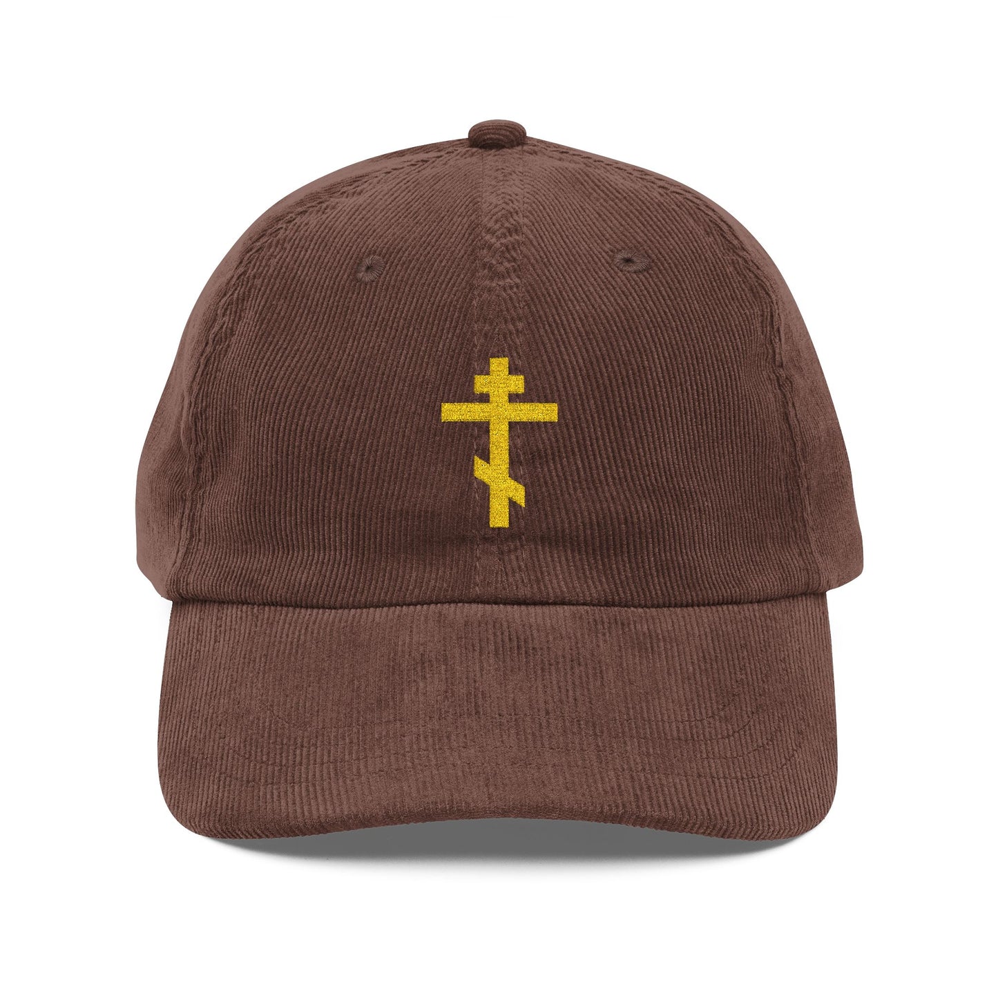 Simple Yellow Orthodox TriBar Cross cap: an embroidered cotton corduroy baseball cap featuring the Orthodox Christian symbol known as the “Weapon of Unseen Warfare Which Makes Demons Tremble.”.